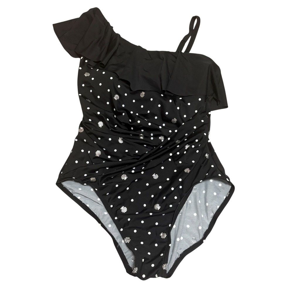 Talbots Womens 12 One Piece Swimsuit Black Silver Seashell Slimming Modest Beach